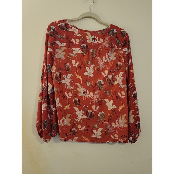 Loft Size Medium RedFloral Tie Neck Blouse Peplum Ruffle Hem Top Career Wear - Picture 3 of 7